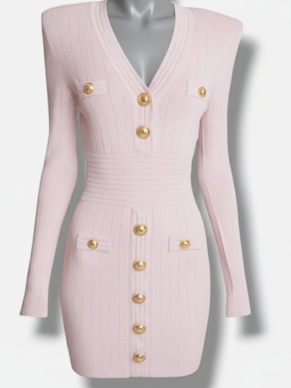 Balmain Paris Women's Pink Button Detail Long Sleeve Rib Sweater Dress Size 44